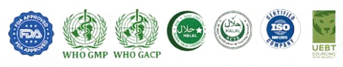 Certification marks: FDA registered, WHO GMP, WHO GACP, Halal, ISO 22000 and UEBT sourcing