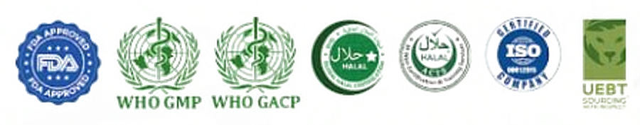Certification marks: FDA registered, WHO GMP, WHO GACP, Halal, ISO 22000 and UEBT sourcing