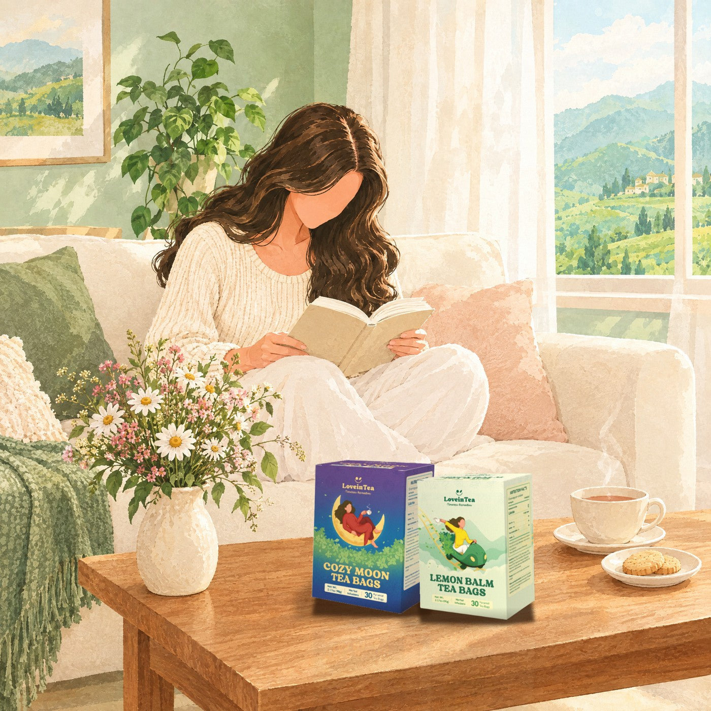 A woman relaxing on a sofa reading a book, with a Cozy Moon box and a Lemon Balm box from LoveinTea on the coffee table next to a cup of tea and cookies