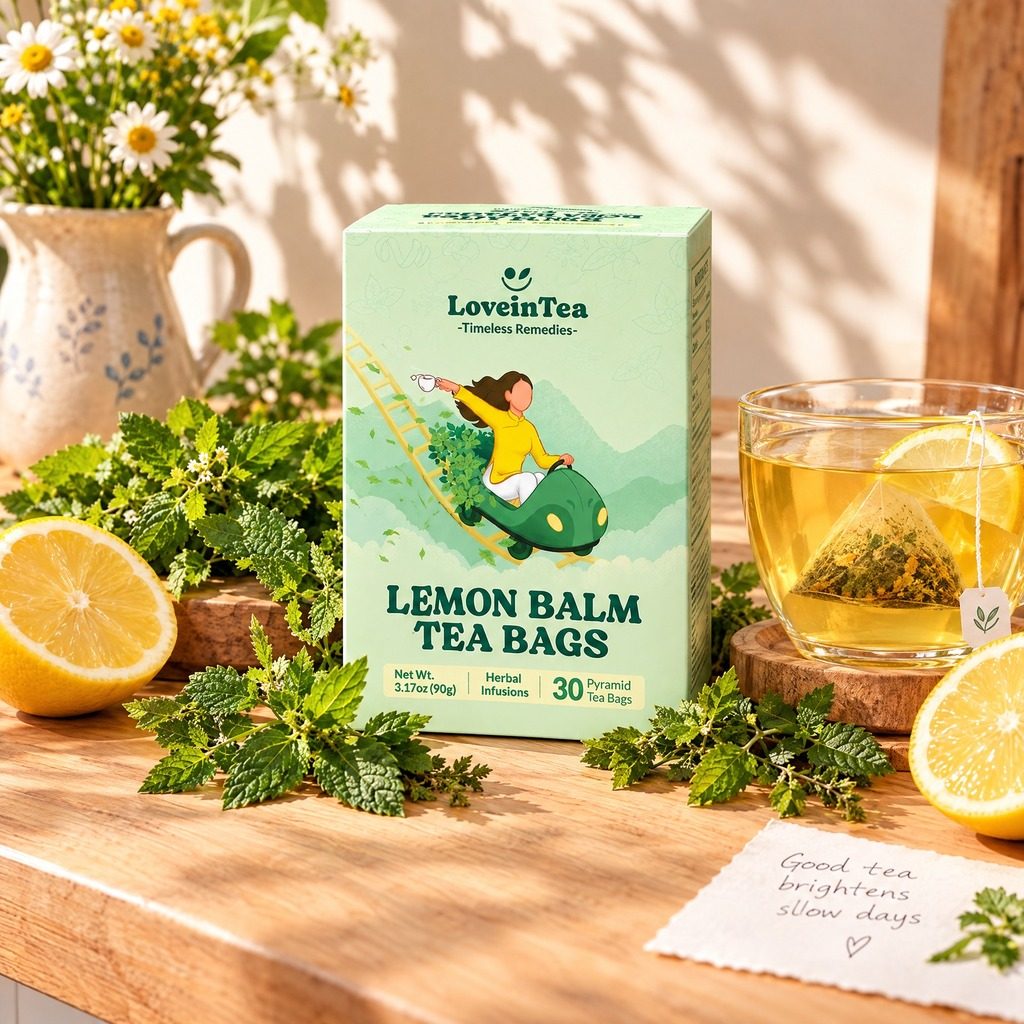 Lemon Balm box with a glass of golden tea and fresh lemon balm