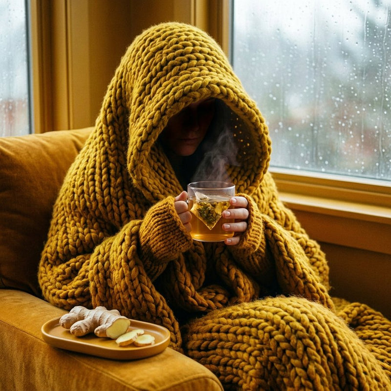 Person wrapped in a mustard knit blanket by a rainy window, holding a steaming glass of ginger tea