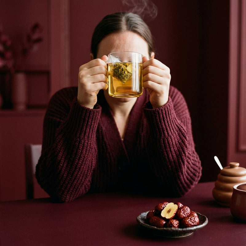 Woman sipping tea at a burgundy table, a dish of red jujubes in front and the honey jar set aside