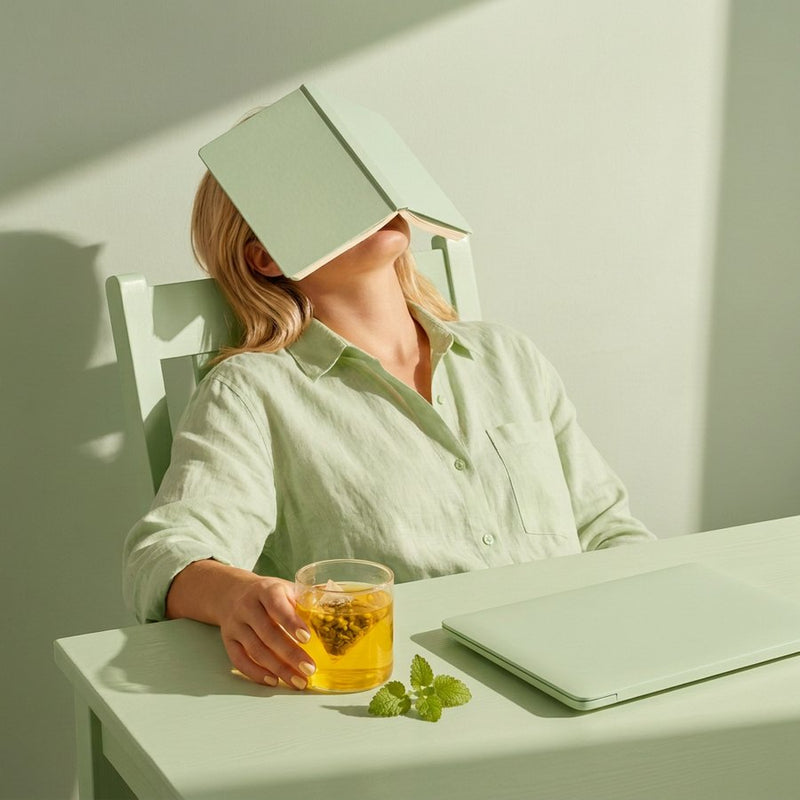 Woman leaning back at a pale yellow desk with a notebook over her face, a glass of lemon balm tea in hand