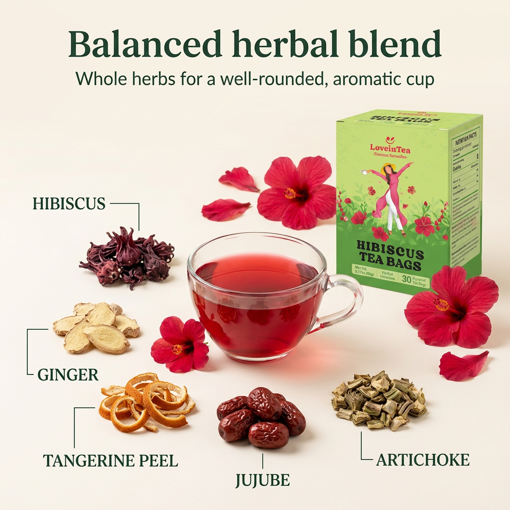 Balanced herbal blend — hibiscus, ginger, tangerine peel, jujube, artichoke