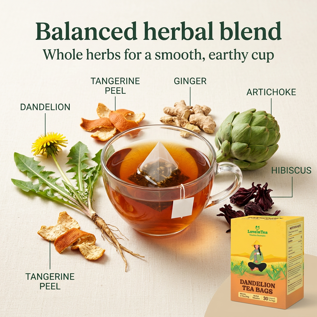 Balanced herbal blend — dandelion, tangerine peel, ginger, artichoke, hibiscus
