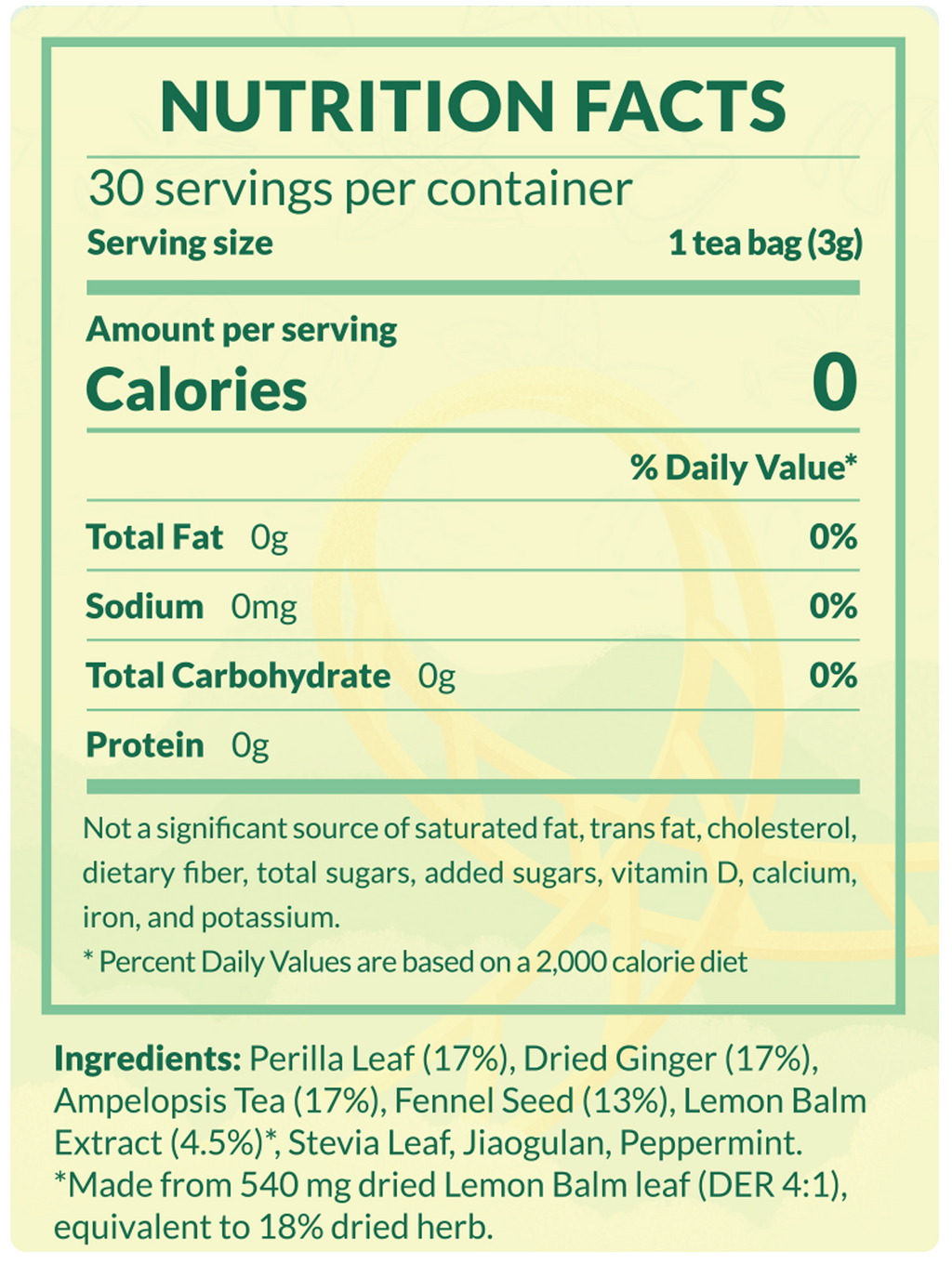 Lemon Balm Herbal Tea Bags Nutrition Facts