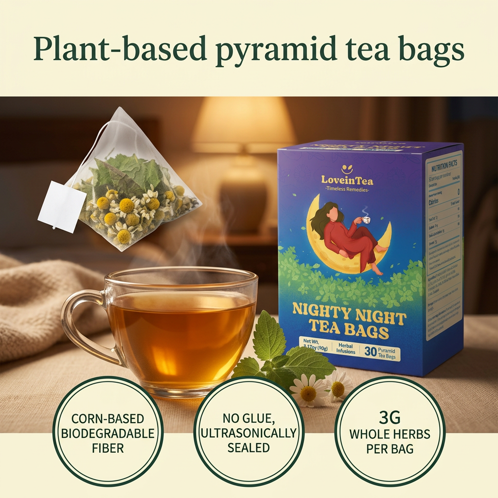 Plant-based pyramid tea bags — corn-based biodegradable, 3g whole herbs