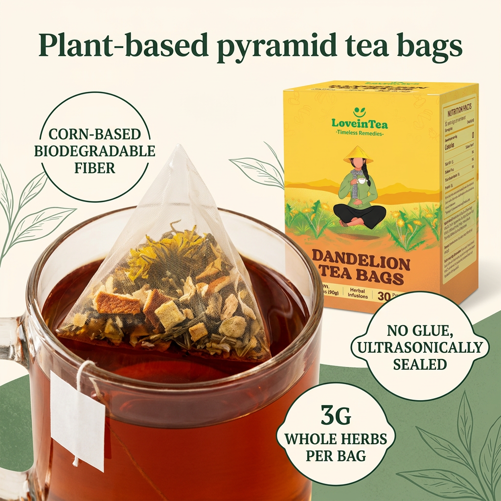 Plant-based pyramid tea bags — corn-based biodegradable, 3g whole herbs