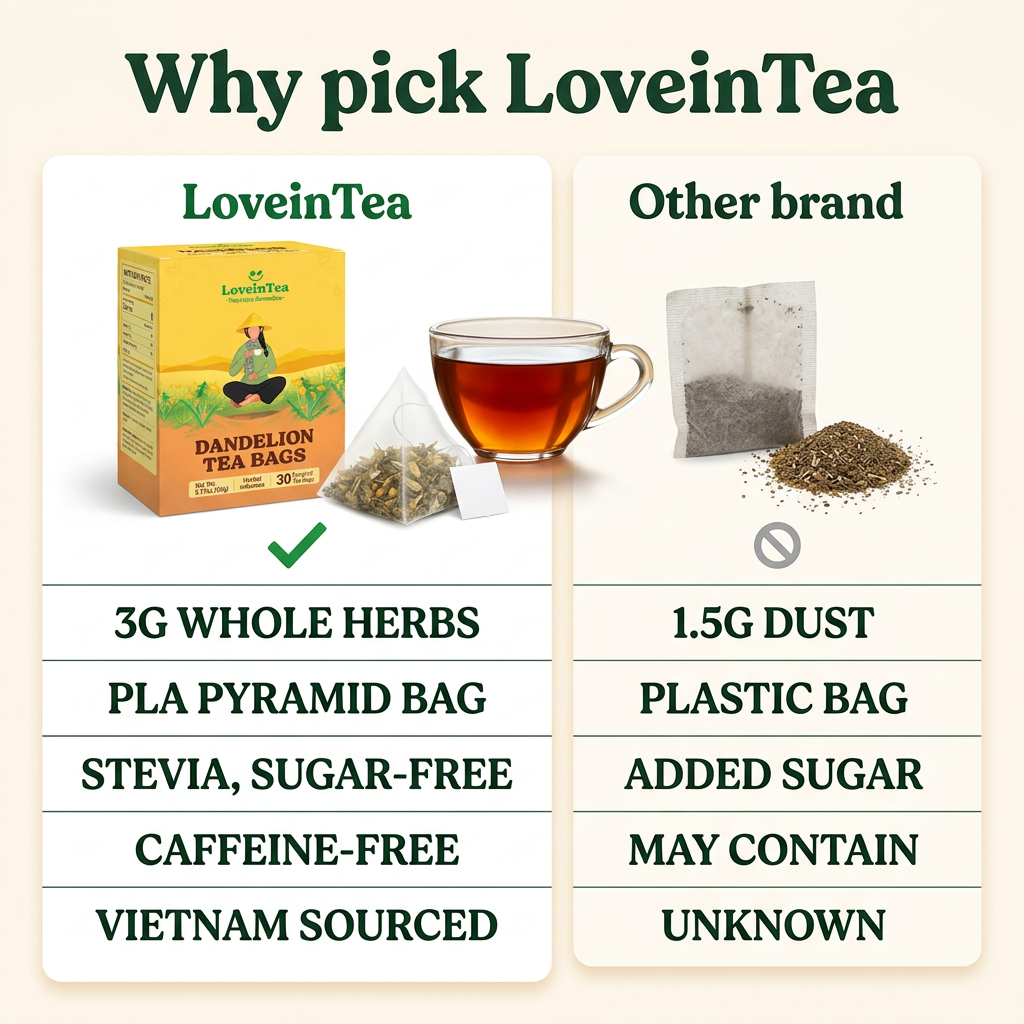 Why pick LoveinTea vs other brands — 3g whole herbs, PLA pyramid, stevia