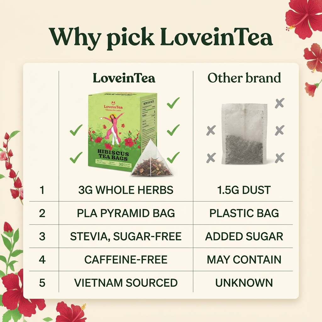 Why pick LoveinTea vs other brands — 3g whole herbs, PLA pyramid, stevia, caffeine-free
