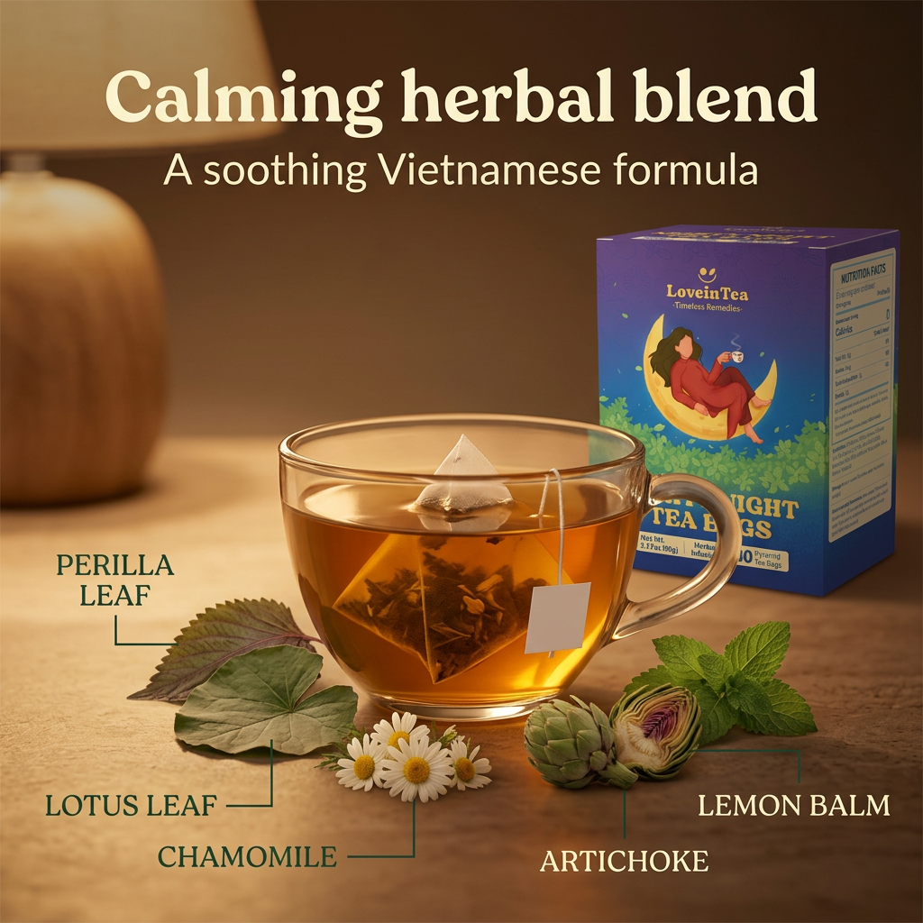 Calming herbal blend — perilla, lotus leaf, chamomile, artichoke, lemon balm