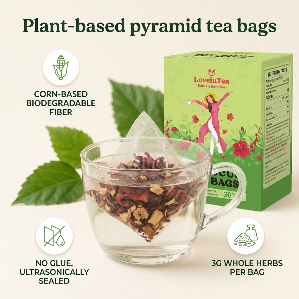 Plant-based pyramid tea bags — corn-based biodegradable, 3g whole herbs