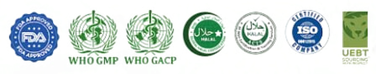 Certification marks: FDA registered, WHO GMP, WHO GACP, Halal, ISO 22000 and UEBT sourcing