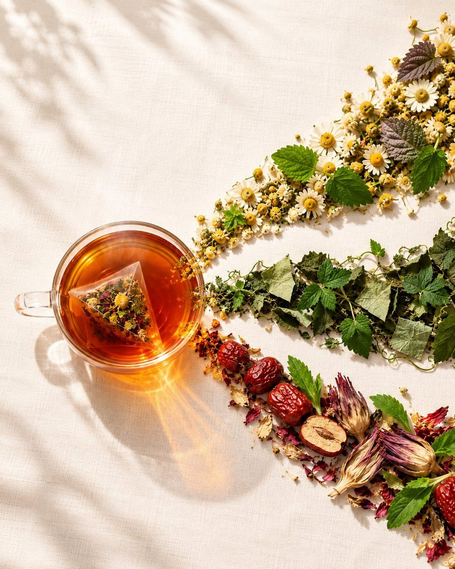 Three separate streams of dried botanicals flowing into one glass cup of amber tea