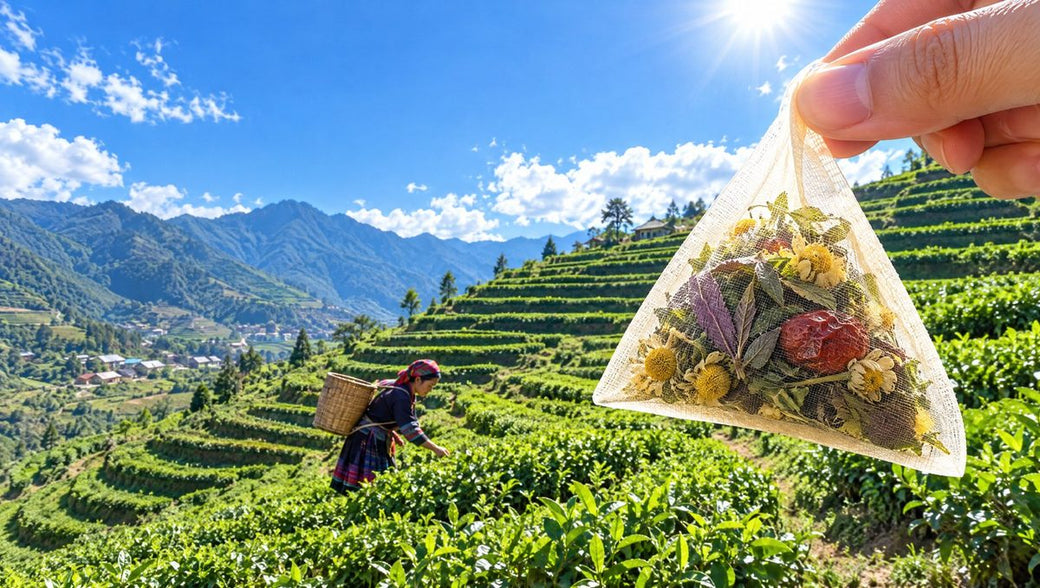 A corn-fibre pyramid bag held up to the sun with the terraced highland fields of Sa Pa behind it