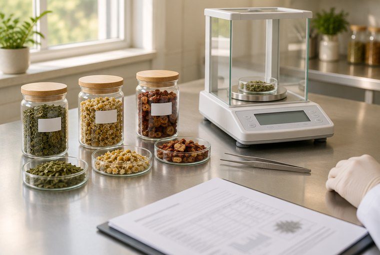 Labelled herb samples, an analytical balance and a printed batch report on a laboratory bench