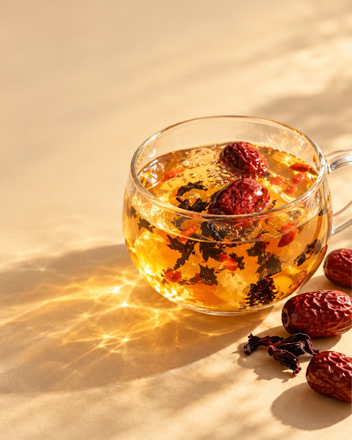 A glass cup of amber jujube tea in warm sunlight, whole red jujube floating inside and more beside the cup