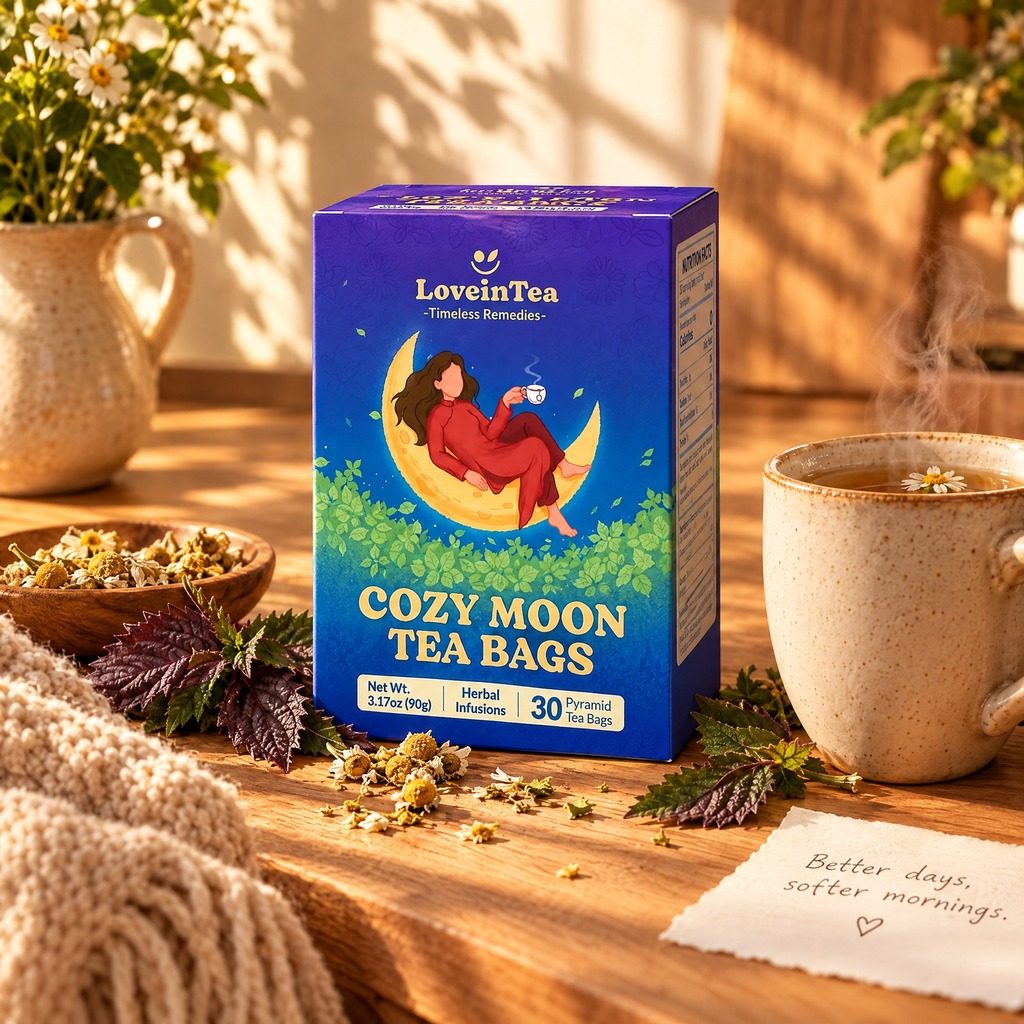 Cozy Moon box on an oak counter with a steaming mug and fresh perilla