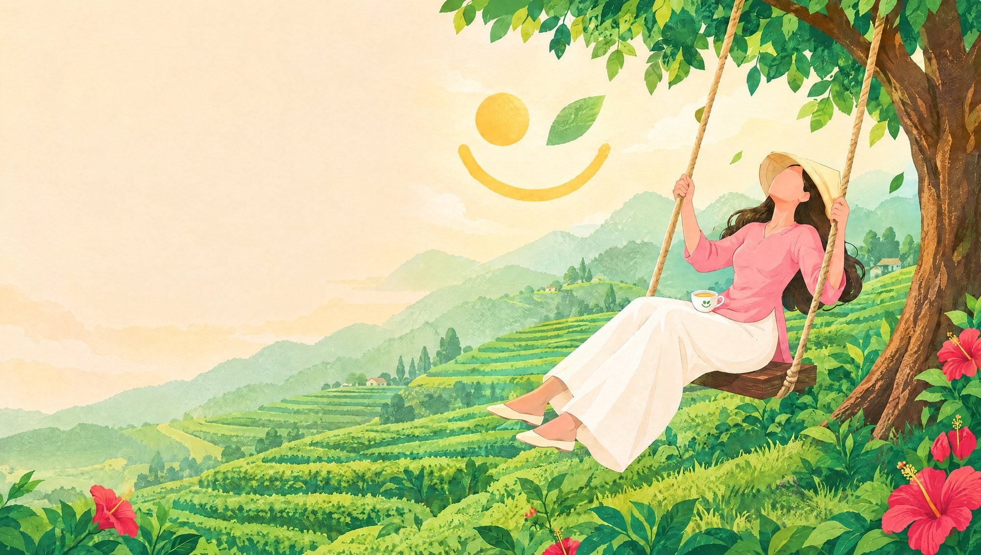 A woman in a conical hat on a rope swing under a big tree above green tea terraces at sunrise, a cup resting in her lap