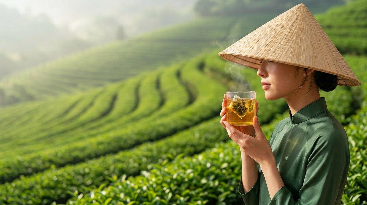 A young Vietnamese woman in a green ao dai and conical non la hat sipping a glass cup of golden herbal tea in a lush green tea plantation