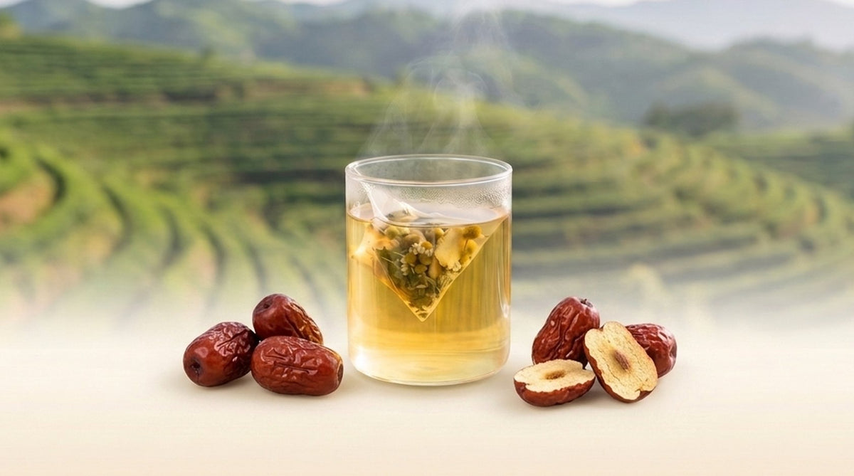 Glass cup of golden herbal tea with a pyramid bag of whole herbs and dried red jujubes, Sa Pa tea terraces behind