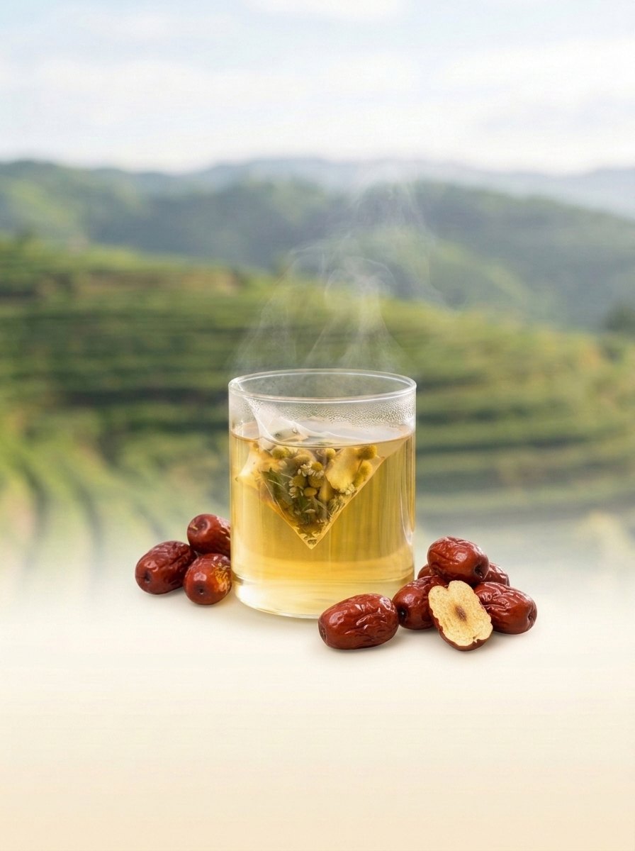 Glass cup of golden herbal tea with a pyramid bag of whole herbs and dried red jujubes, Sa Pa tea terraces behind