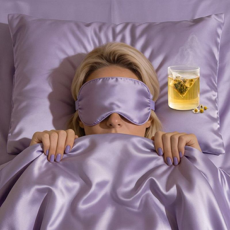Woman in bed with a lavender satin sleep mask, a glass cup of chamomile tea on the pillow beside her