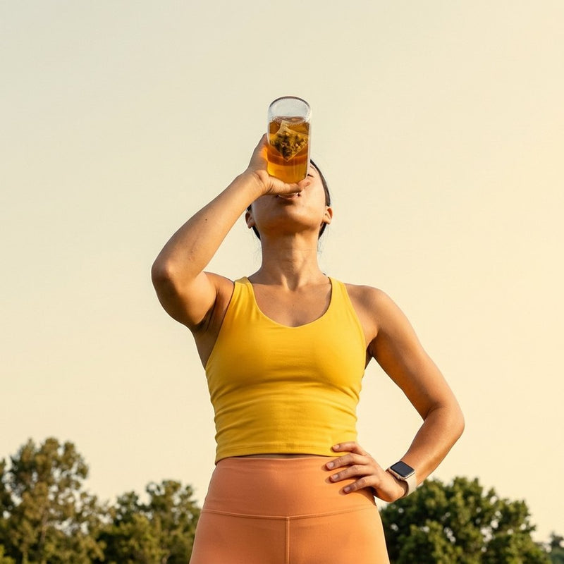 Woman in yellow activewear drinking a bottle of dandelion tea outdoors after a morning run