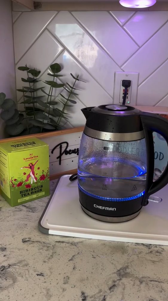 Hibiscus box next to a glowing kettle