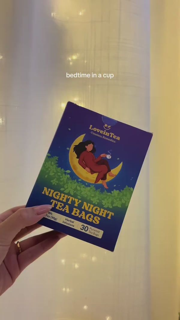 Nighty Night: bedtime in a cup, pyramid bag steeping under string lights